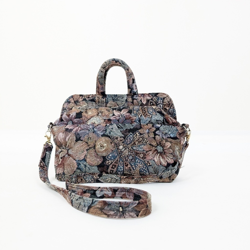 Vintage Floral Tapestry Satchel in Brown, Blue and Pink